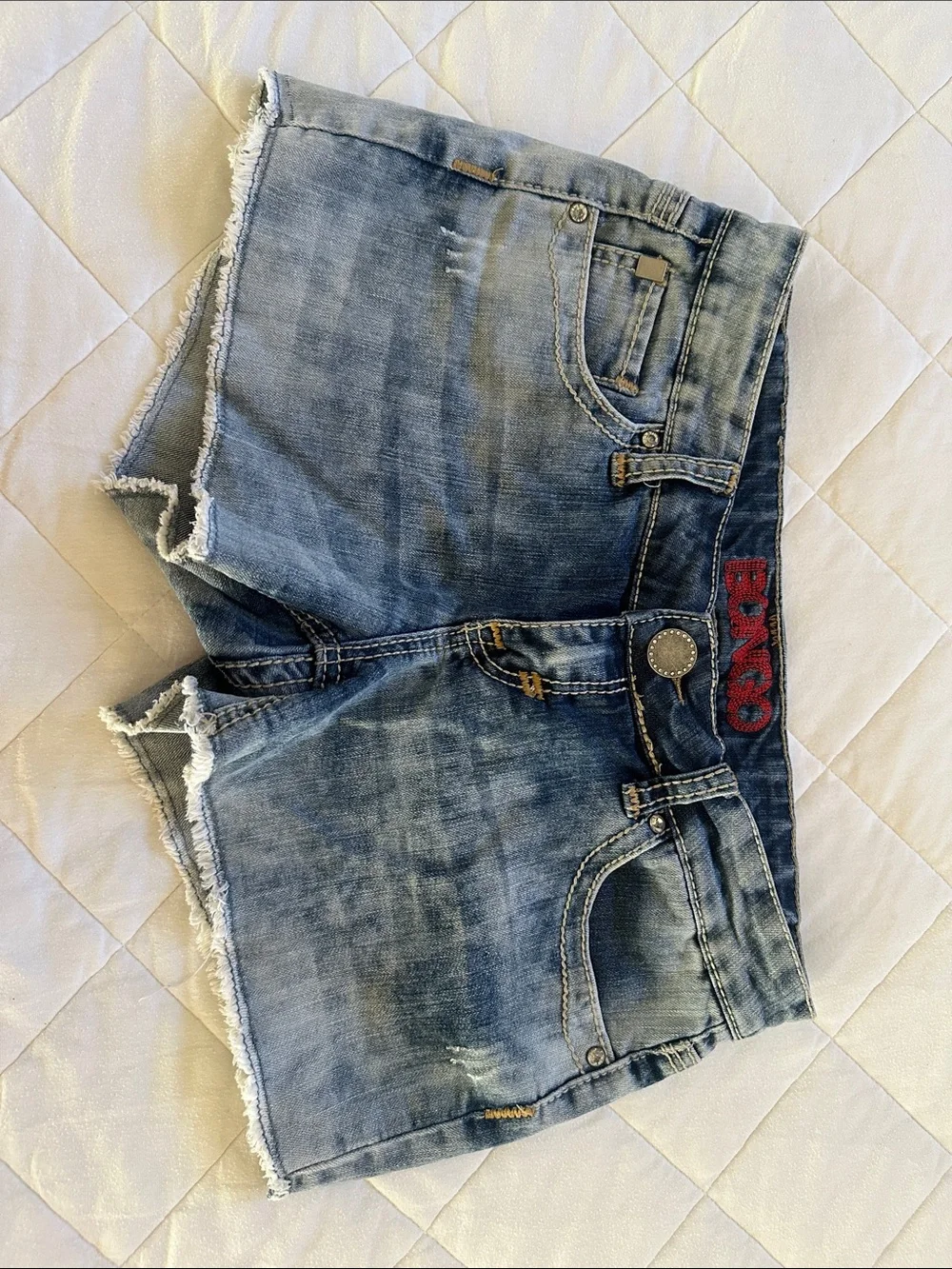 Embellished Light Wash Denim Shorts - Blue